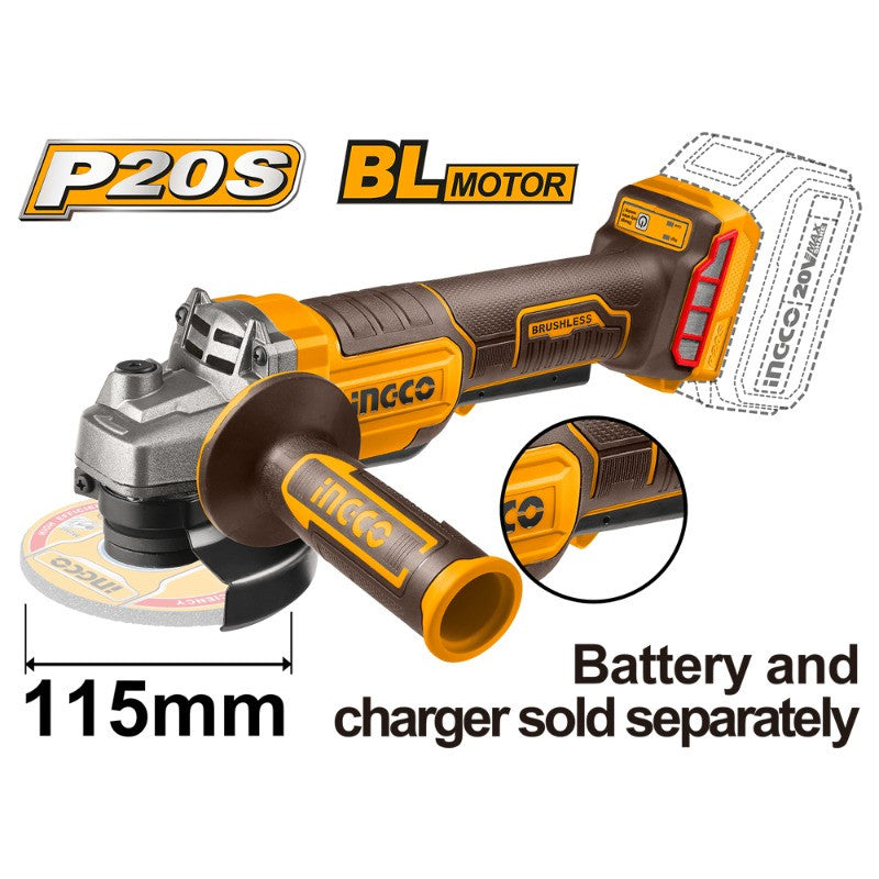 ESMERIL BL C/HM INALAMBRICO IND 4 1/2" 20V/115MM (SIN BAT - SIN CARGADOR) INGCO