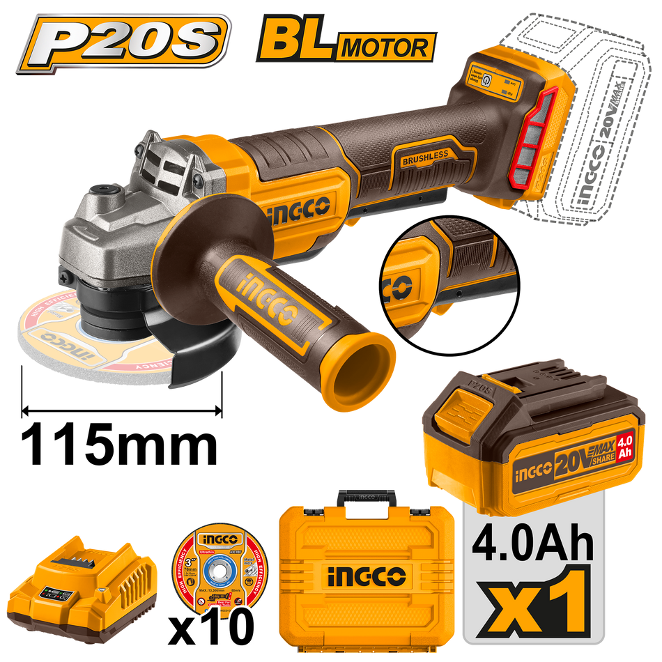 ESMERIL BL C/HM + BAT 4AH Y CARG.+10 DISCOS 4 1/2 20V/115MM INGCO