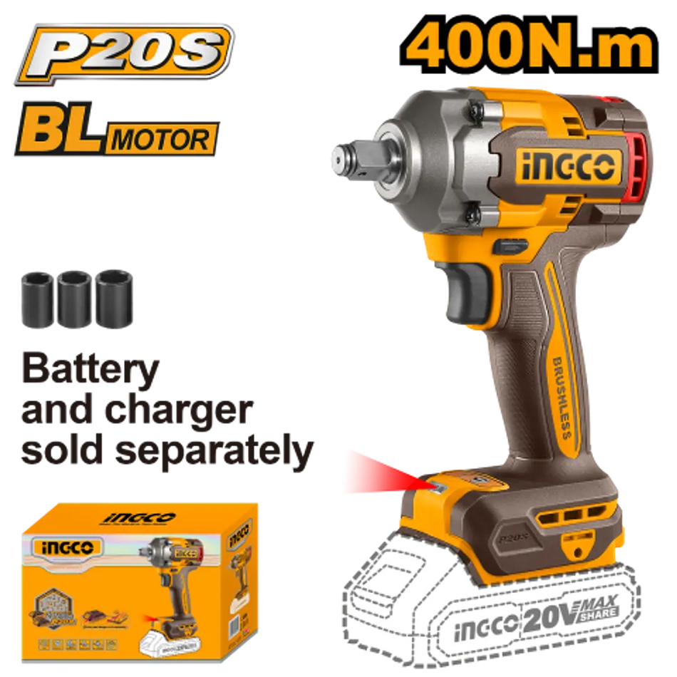 PISTOLA DE IMPACTO BL INALAMBRICA INDUSTRIAL 1/2 20V/400NM (NO INCLUYE BATERIA NI CARGADOR) INGCO