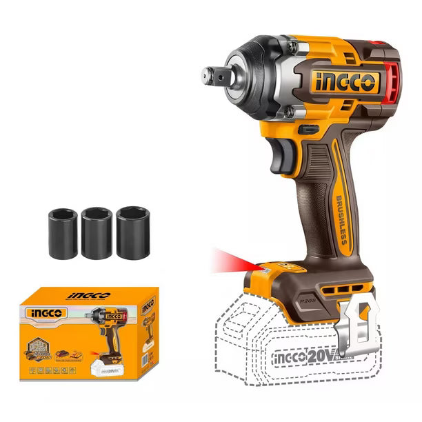 PISTOLA DE IMPACTO BL INALAMBRICA INDUSTRIAL 1/2" 20V/500NM (NO INCLUYE BATERIA NI CARGADOR) INGCO