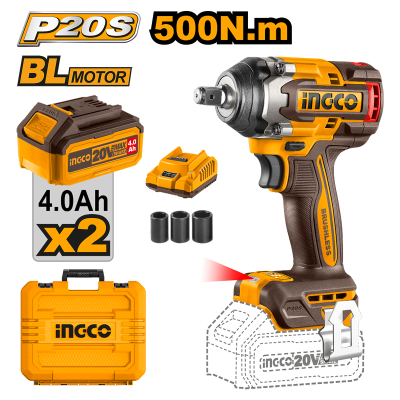 PISTOLA DE IMPACTO BL +2BAT 4AH Y CARG 1/2" 20V/500NM INGCO