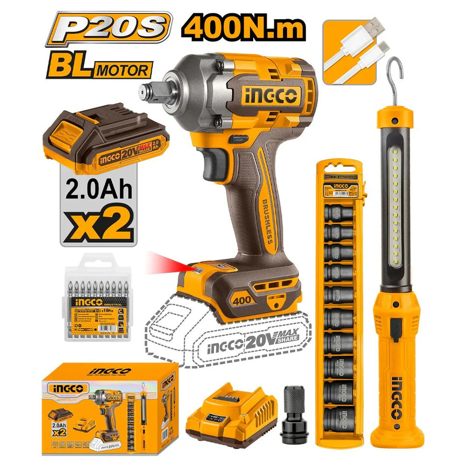 PISTOLA DE IMPACTO BL +2BAT +10 DADOS +LINTERNA 1/2" 20V 400NM INGCO