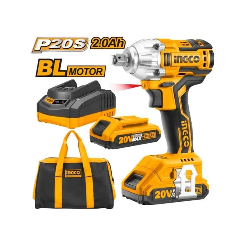 PISTOLA IMPACTO INDUSTRIAL 1/2 INALAMBRICA 20V BL (2 Bat 2.0 A -1 Carg) 300NM INGCO