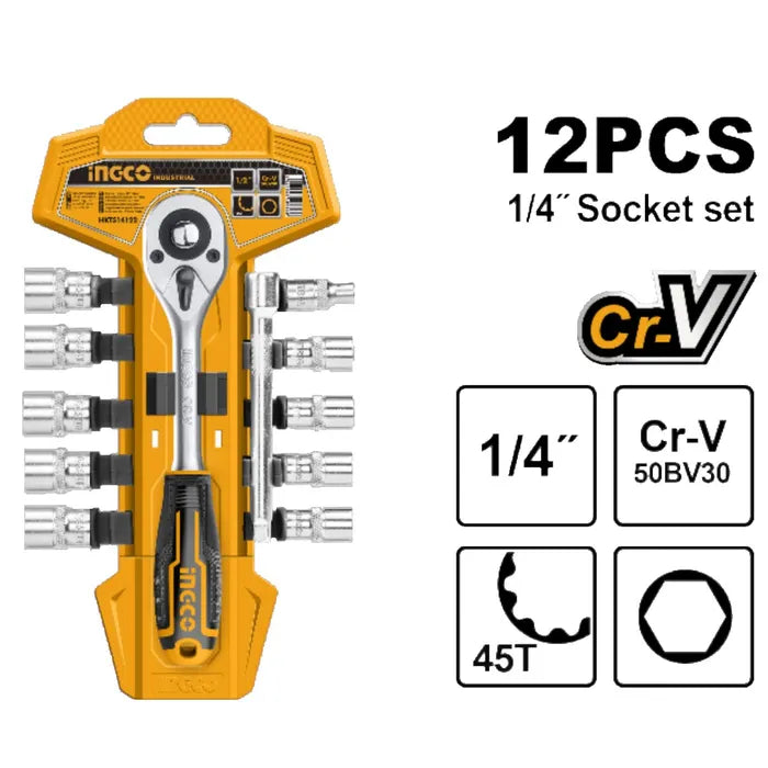 SET DADOS Y CHICHARRA INDUSTRIAL 12pcs 1/4" INGCO