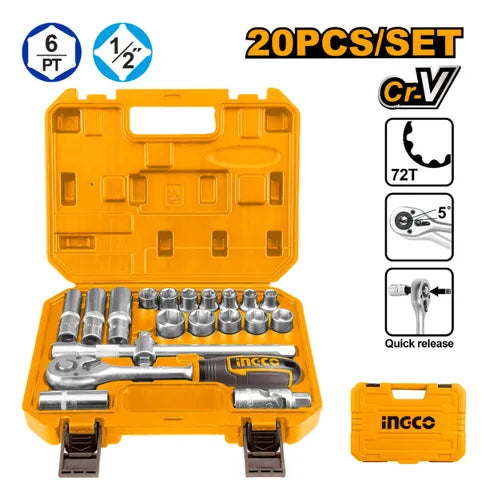 SET DADOS Y CHICHARRA INDUSTRIAL 20 PIEZAS 1/4" INGCO