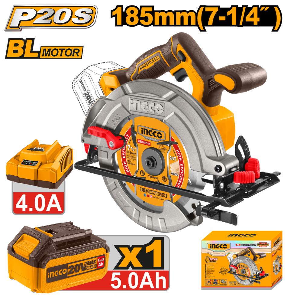 SIERRA CIRCULAR BL + BAT 5AH Y CARG INDUSTRIAL 7 1/4" 20V/185MM INGCO