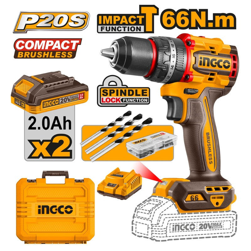 TALADRO ALTO BL CP + 2 BAT Y CARG + 47 ACCESORIOS INDUSTRIAL 13MM/20V INGCO