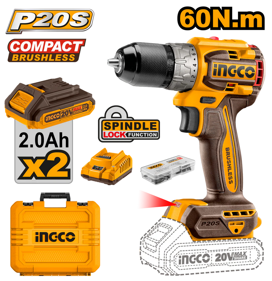 TALADRO ATO BL INDUSTRIAL CP +2 BAT Y CARG + 47 ACCE 20V/13MM INGCO