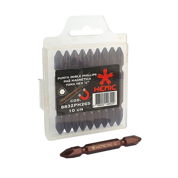 PUNTA DOBLE PHILLIPS PH2 MAGNETICA 65MM TOMA HEX 1/4 HEMIC